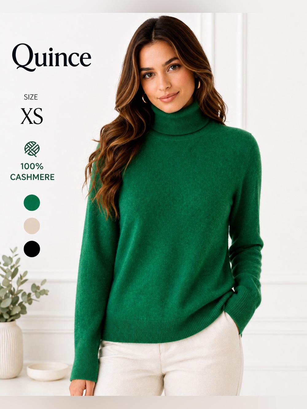 Quince 100% Cashmere Turtleneck Sweater XS Green Soft Luxury Knit